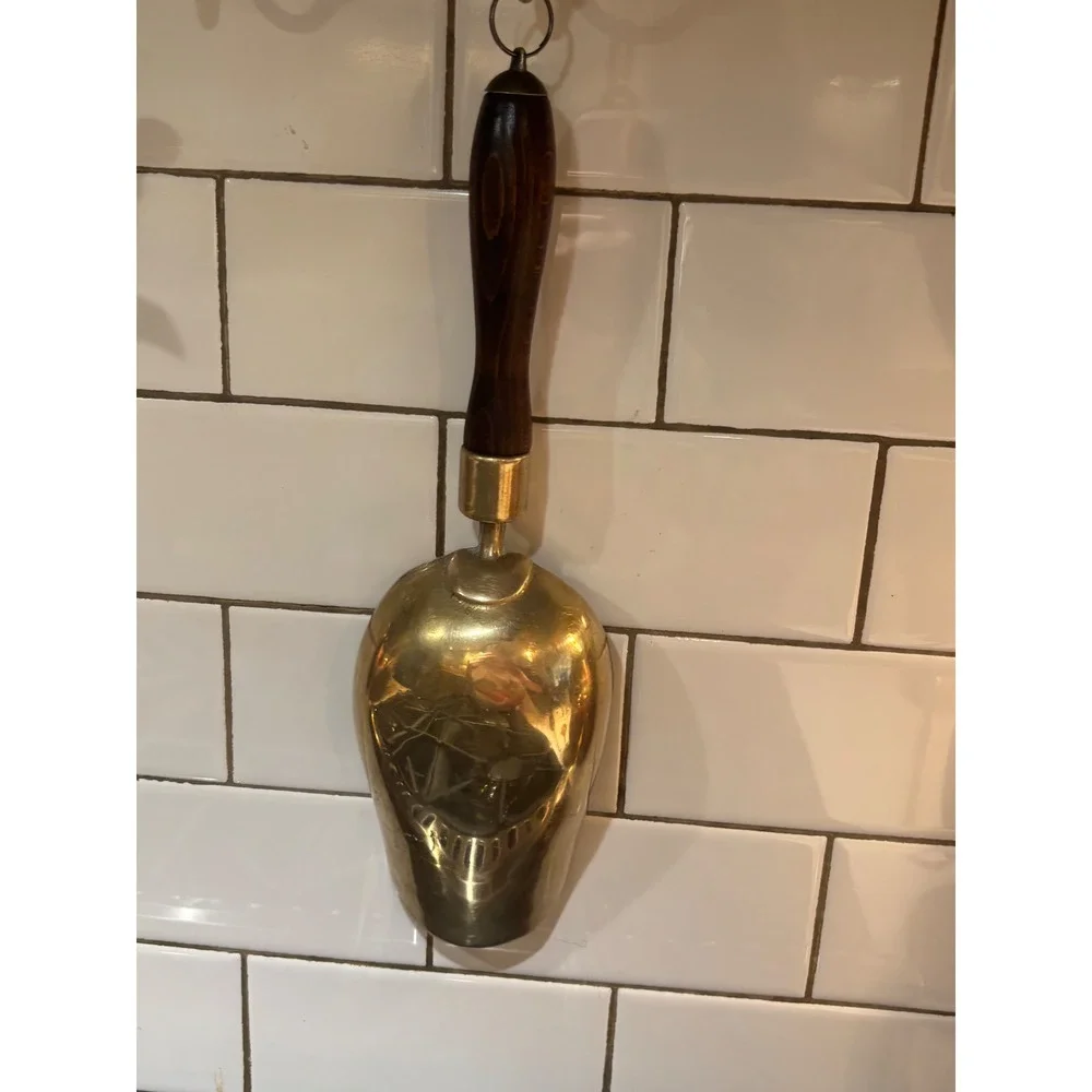 Vintage Brass Flour Grain Scoop Dark Wood Handle Hanging Ring Farmhouse Decor